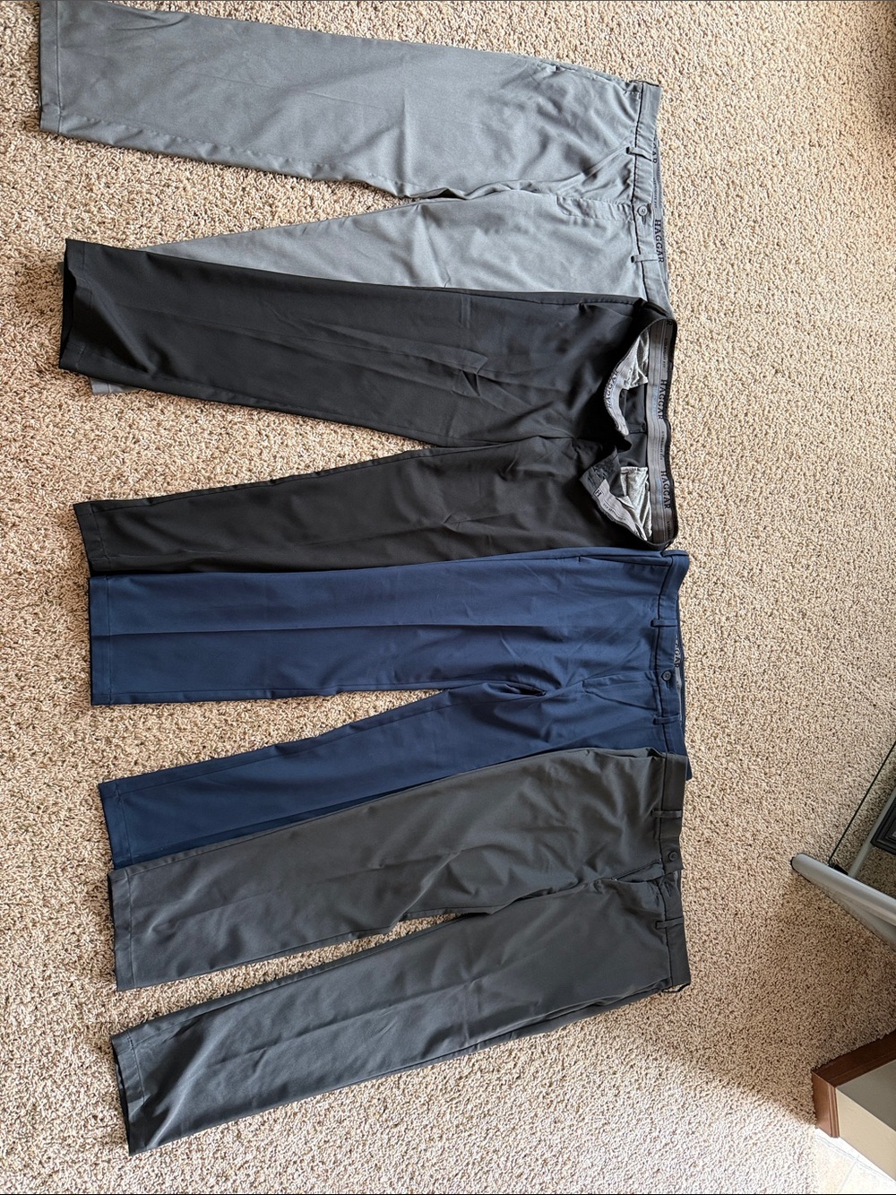 Haggar Chino Pants Trio in Black, Navy, and Gray - 4 pair for 80